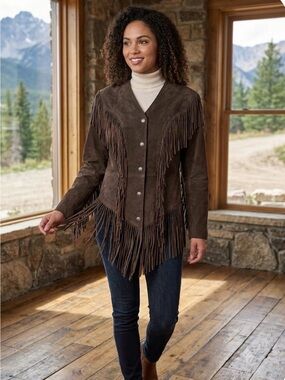 Cripple Creek 100% Genuine Leather Suede Fringe Jacket with Snap Button - #61